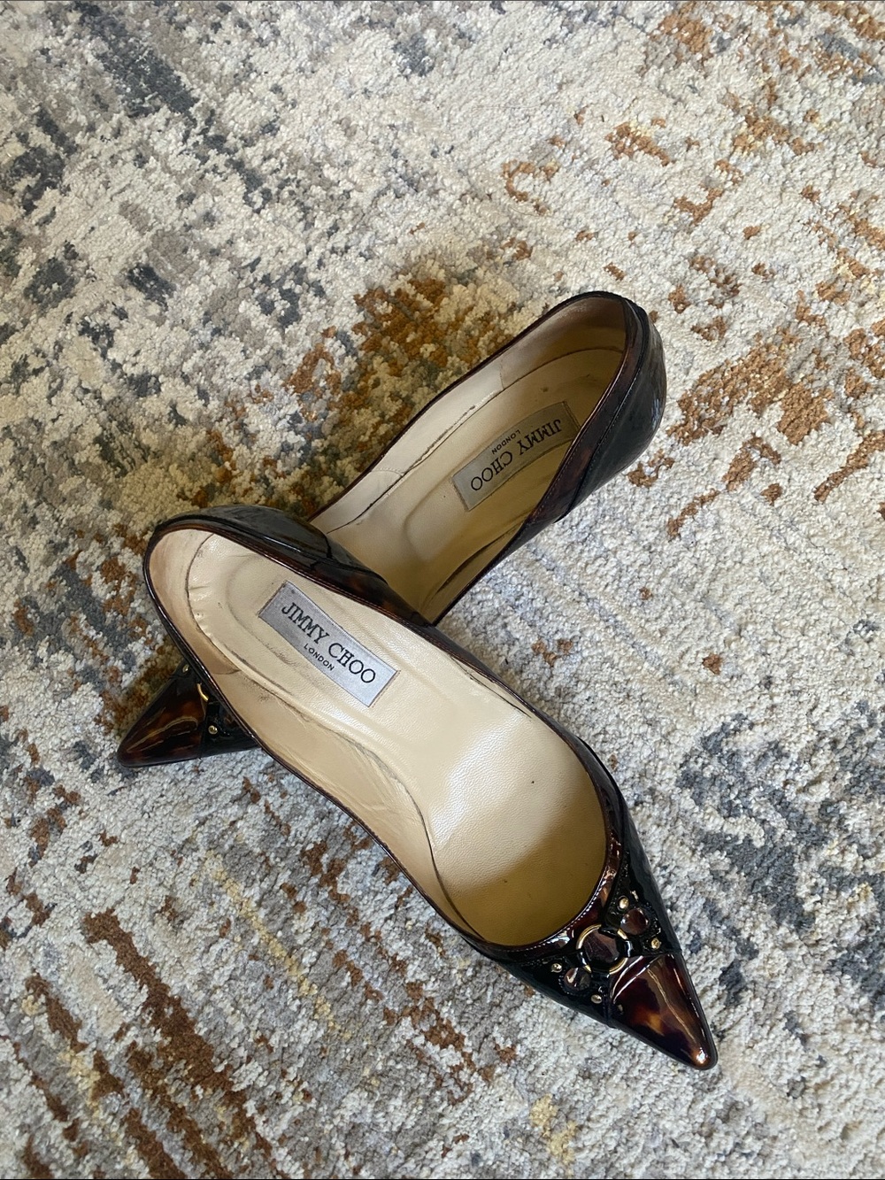 Jimmy Choo Brown Tortoiseshell Patent Pointed Toe Pumps